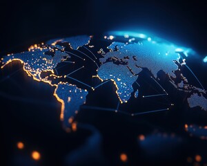 Leinwandbilder - Futuristic glowing world map with highlighted international connections, showcasing global connectivity and advanced technology.