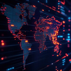 Leinwandbilder - Futuristic digital world map with glowing blue and red lights, showcasing global connectivity and data networking.