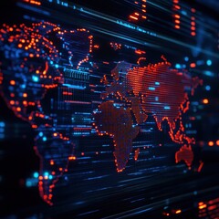Fototapete - Futuristic digital world map with glowing data points and technology connections, representing global connectivity and information networks.