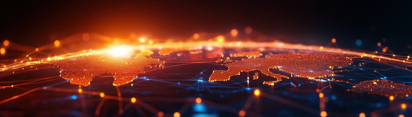 Leinwandbilder - Digital world map with glowing connection lines and nodes, representing global connectivity, technology networks, and data exchange.