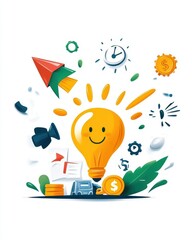 Creative illustration of a happy light bulb with various business and innovation elements, symbolizing new ideas and progress.