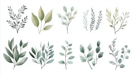 Watercolor hand-drawn illustration of various greenery elements set against a white background. The artwork features a neutral soft color palette with minimalistic design elements, including simple sh