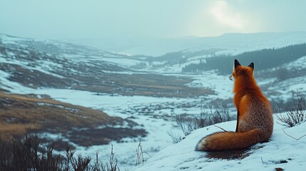 A lone fox sitting on a snow-covered hillside, looking out over a quiet, empty valley, with no signs of life around.