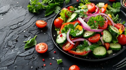 Side view of a vibrant vegetable salad with bell peppers, cherry tomatoes, cucumbers, and red onions, lightly dressed with vinaigrette, placed on a dark matte surface,