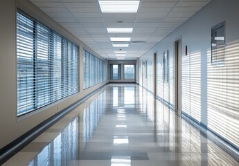 Canvas Print - Empty Office Hallway with Windows and Blinds