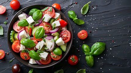 Top-down view of a mix of cherry, heirloom, and grape tomatoes, combined with fresh basil and mozzarella, on a dark wooden table, emphasizing the vivid colors and freshness,