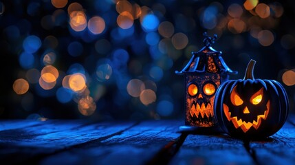 wo halloween lanterns with evil eyes and face on a wood table with a spooky dark blue background at night with light bokeh