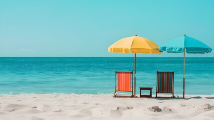 beach chairs and umbrella in front of the ocean