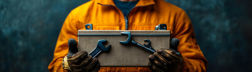 Wall Mural - Person with Magic Toolbox and Floating Wrenches concept as A person holding a magic toolbox with floating wrenches set against a blank background providing space for text or graphics symbolizing handy