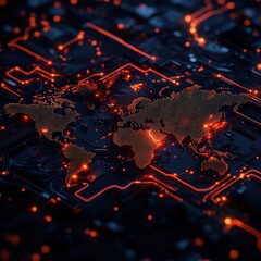 Leinwandbilder - Abstract world map illuminated by digital circuit with orange lights, symbolizing global technology and connectivity.
