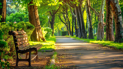 Wall Mural - A park bench sits in the shade of a tree. The bench is empty and the path is empty. The park is a peaceful place to relax and enjoy nature