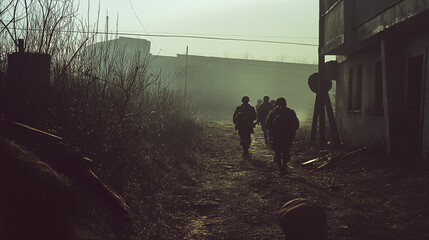 World war two Group of soldiers walking on a path during military operation