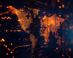 Fototapete - Abstract digital world map with glowing dots and lines, representing global technology, data, and network connections.