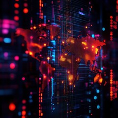 Aufkleber - Abstract digital world map with colorful data lights and circuits representing global connectivity and technology.