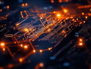 Poster - Abstract close-up of glowing circuit board with orange and blue lights, showcasing futuristic technology and intricate electronic patterns.