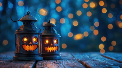 wo halloween lanterns with evil eyes and face on a wood table with a spooky dark blue background at night with light bokeh