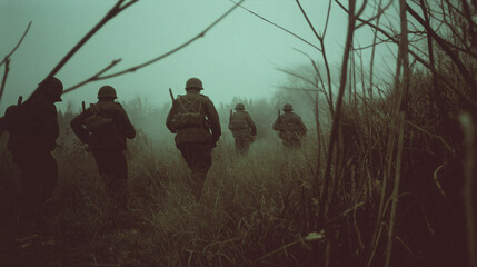 Wall Mural - World war ii soldiers running through tall grass