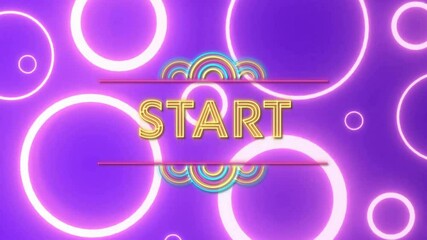 Canvas Print - START text animation over glowing circles and rainbow shapes on purple background