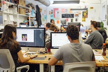 Wall Mural - a man and a woman sitting at a desk in front of computer monitors