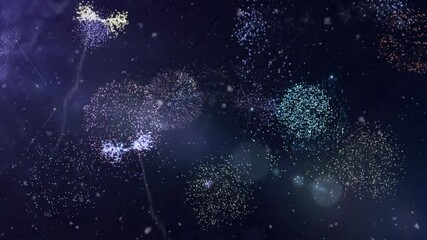 Canvas Print - Colorful fireworks animation over dark night sky with sparkling particles