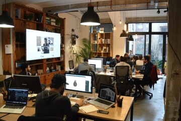 a group of people working on computers in a room