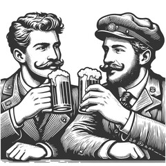 two friends men, drinking beer together, camaraderie and a nostalgic social scene sketch engraving generative ai fictional character vector illustration. Scratch board imitation. Black and white image