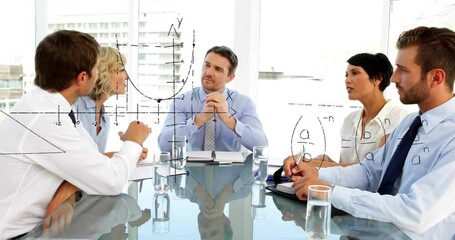 Poster - Mathematical equations animation over business people having meeting in office