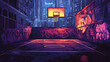 © SJarkCube - A vector illustration of an urban basketball court, dark asphalt, graffiti on the walls, a worn-out hoop, with a basketball hanging mid-air. Background features a cityscape with tall buildings, street