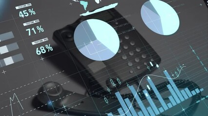 Wall Mural - Graphs and charts animation over office phone and world map