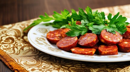 Wall Mural - Savor the sight of freshly grilled kielbasa sausages resting on a white plate, highlighting their golden-brown crust and juicy interior, inviting taste and satisfaction