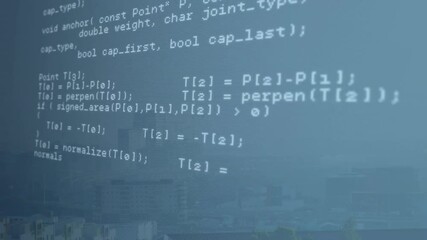 Poster - Animating programming code and mathematical formulas over cityscape background