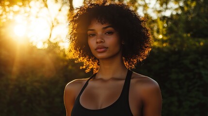 Empowered Afro woman enjoying a vibrant sunset in stylish streetwear sports attire while embracing her unique beauty and confidence