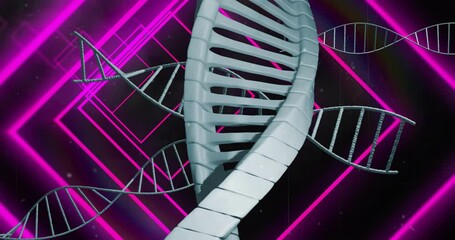 Poster - DNA strands and geometric shapes animation over neon pink background