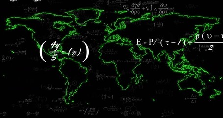 Wall Mural - Animating mathematical equations and chemical formulas over world map with green outlines