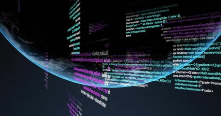 Wall Mural - computer code and data processing animation over view of earth from space