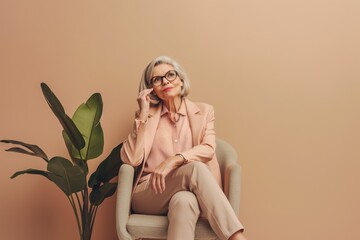 Wall Mural - Stylish elderly woman with a radiant smile, posing elegantly in portrait studio.