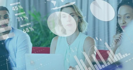 Wall Mural - business data and stock market animation over diverse team in meeting