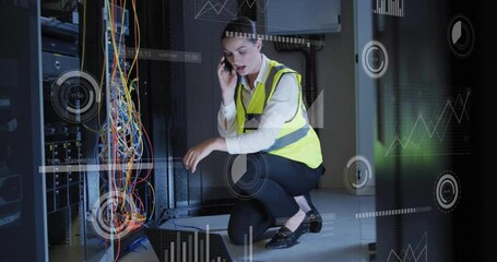 Poster - Technician talking on phone, inspecting cables, data processing animation over scene