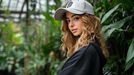 A stylish woman embraces urban streetwear while surrounded by lush greenery in a vibrant natural setting during a sunny afternoon stroll