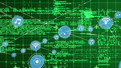 Wall Mural - Connecting music and Wi-Fi icons, network animation over green grid background