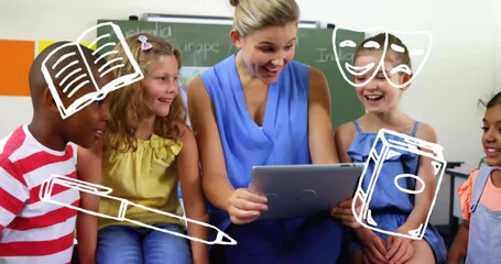 Poster - Teacher and children using tablet, surrounded by school supplies animation