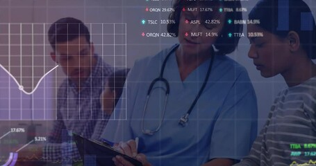 Canvas Print - Reviewing data, medical professionals with stock market animation overlaid on screen