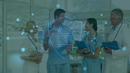 Sticker - Medical professionals discussing patient care with cybersecurity animation over them