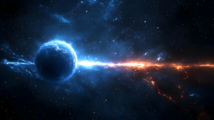 Wall Mural - blue planet with bright, swirling nebula in space.