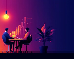 A modern business meeting scene with two professionals discussing data insights, illuminated by a vibrant light.