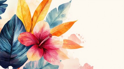 Poster - Watercolor illustration of leaves and a flower on a light background