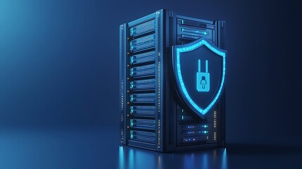 Server rack with a glowing blue shield icon representing cybersecurity and data protection on a dark background.