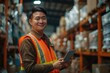 © sornthanashatr - A man in a safety vest is smiling and holding a tablet
