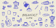 © Katsyarina - Hand draw la dolce vita breakfast doodles. Vector illustration of food and coffee icons in chalk, crayon drawing style. Minimalist line art. Illustration for invitations, menus design, social media.