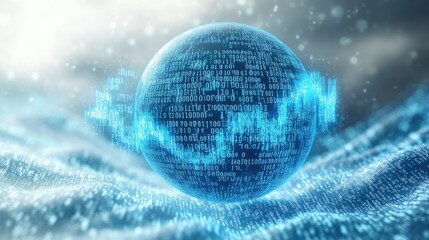 A cloud with binary codes flowing into a digital globe, representing the flow of data through the World Wide Web